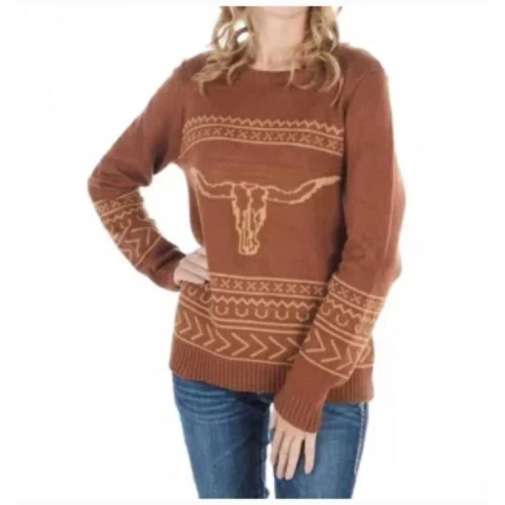 COTTON & RYE Orange Longhorn western sweater in rust | Large